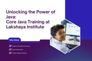 Students learning Core Java Training at Lakshaya Institute with a Jai Bharat PEB construction blueprint in the background.