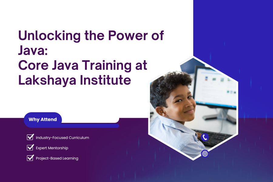 Students learning Core Java Training at Lakshaya Institute with a Jai Bharat PEB construction blueprint in the background.