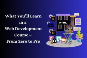 Laptop showing a website built in a web development course – from zero to pro, with HTML, CSS, and JavaScript icons.