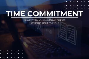 Comparison of short-term vs long-term courses with icons for quick skills and in-depth learning.
